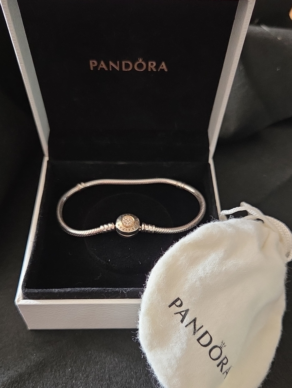 NIB Retired Pandora Moments 2-Tone Signature Clasp Snake Chain Bracelet 590741CZ